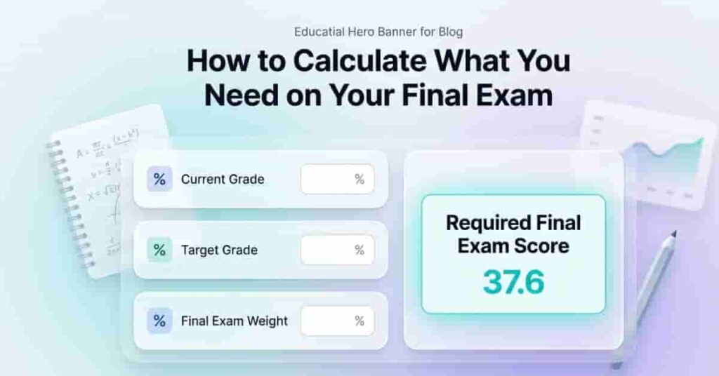 Modern final exam calculator dashboard showing required score based on current grade, target grade, and exam weight for students