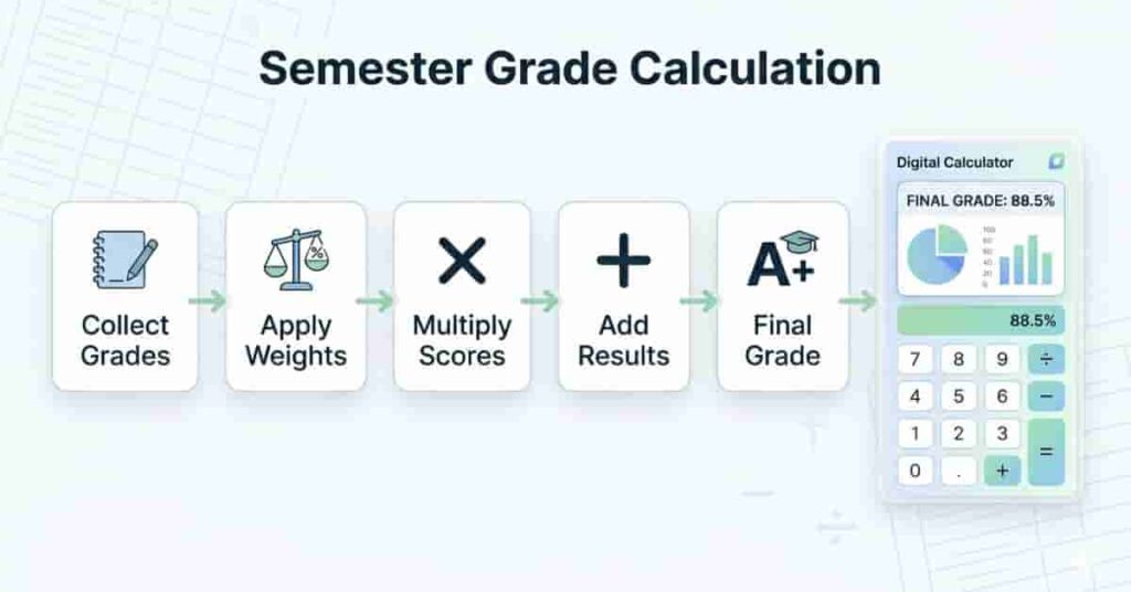Step-by-step flowchart showing how to calculate a semester grade using weighted average method