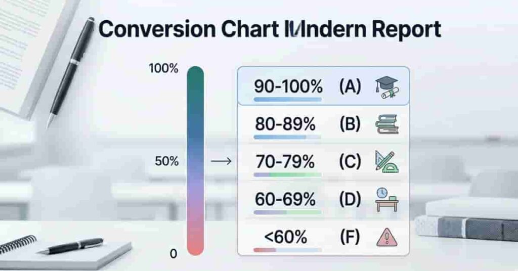 Letter grade conversion chart showing how percentages are assigned to A, B, C, D, and F grades.