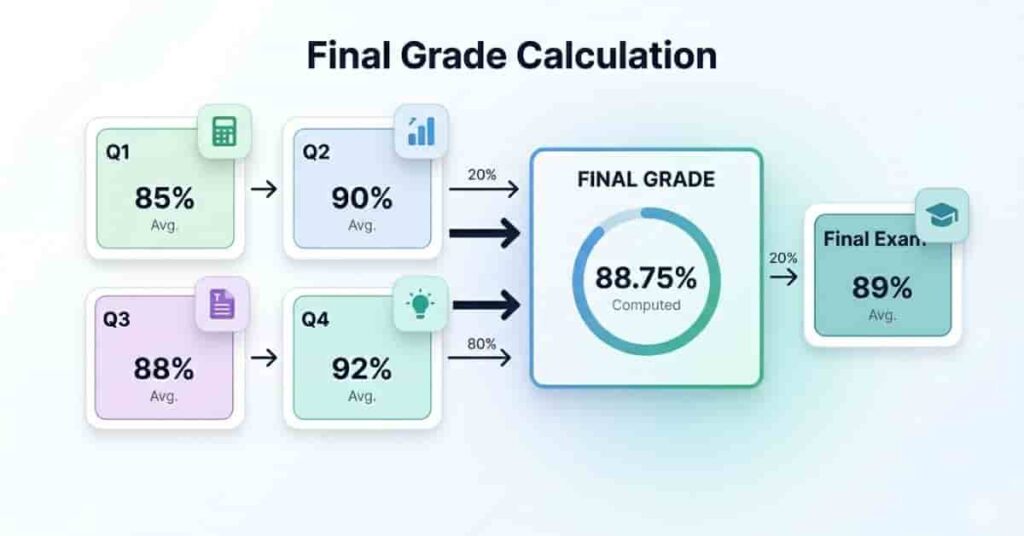 Flowchart showing how quarter grades and final exam combine into a final course grade.