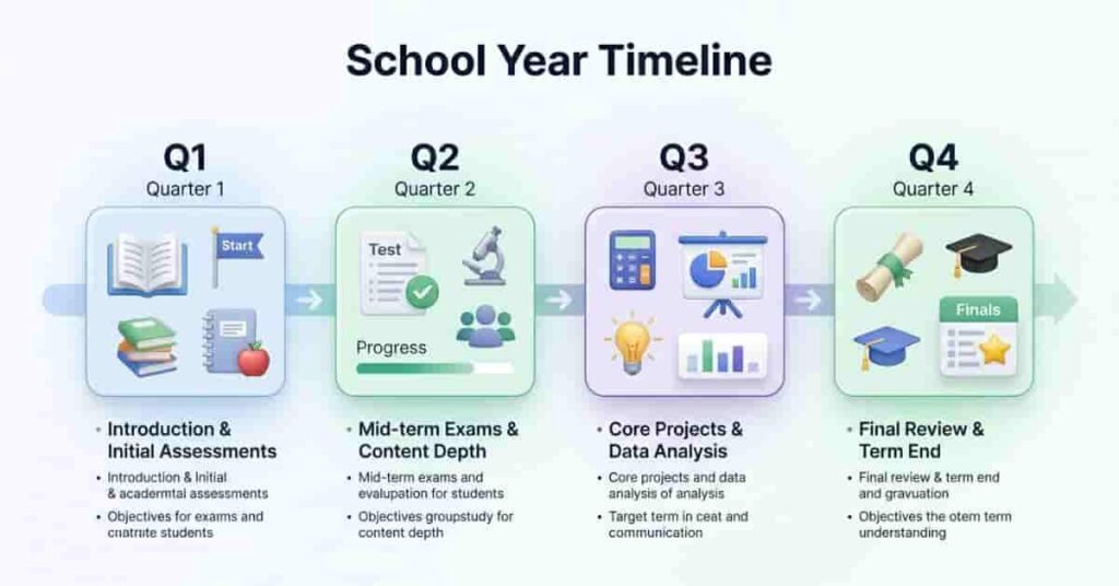 Infographic showing a quarter grading system divided into Q1, Q2, Q3, and Q4 across a school year timeline.