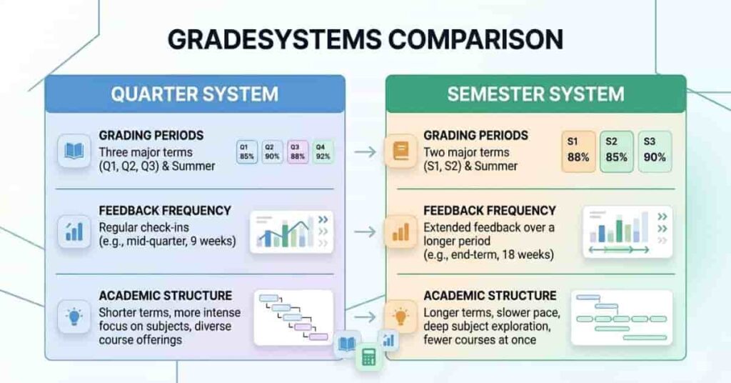 Comparison chart showing differences between quarter system and semester system in schools.