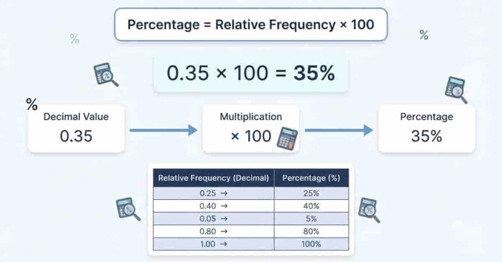 Comparison infographic explaining the difference between frequency and relative frequency using tables, percentages, and charts.