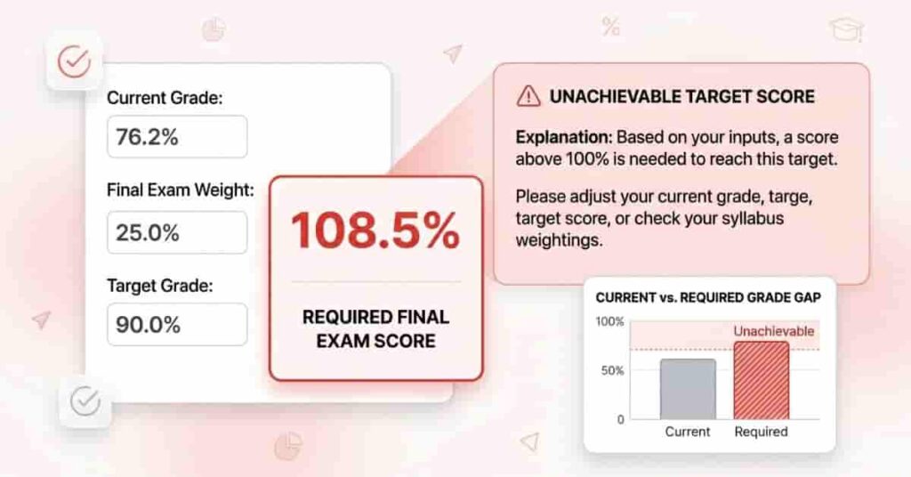 Grade calculator showing required score above 100 percent with warning indicator for unrealistic academic target