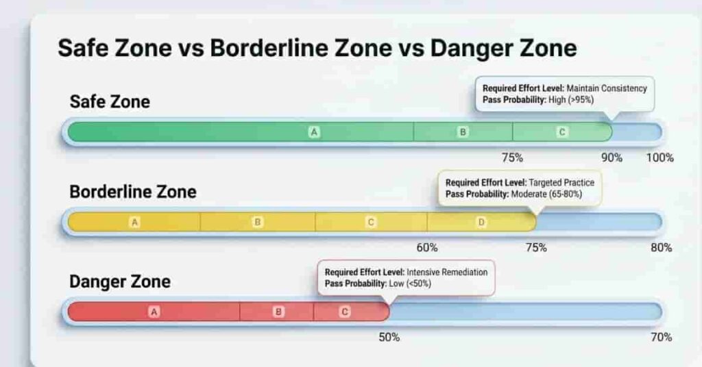 Risk zone chart showing safe, borderline, and danger zones for passing final exam