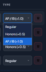 Selecting course type honors AP IB weighted GPA calculator interface