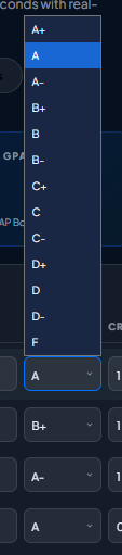 Selecting letter grades in high school GPA calculator dropdown interface