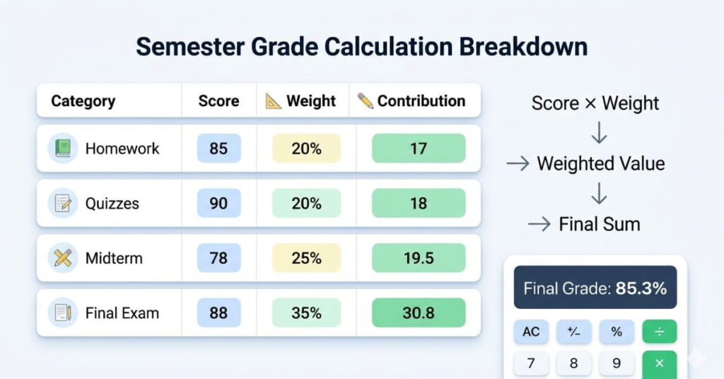 High school semester grade calculation example showing weighted scores and final percentage result in infographic format