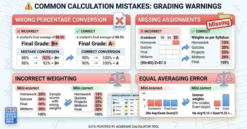 Infographic showing common mistakes students make when calculating semester grades