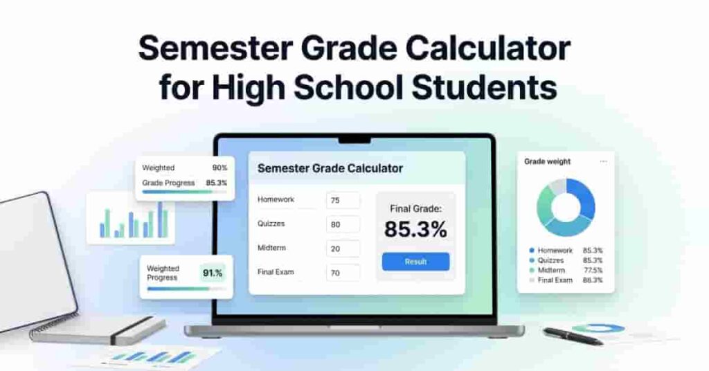 Semester grade calculator dashboard on laptop showing weighted high school grades with modern academic design