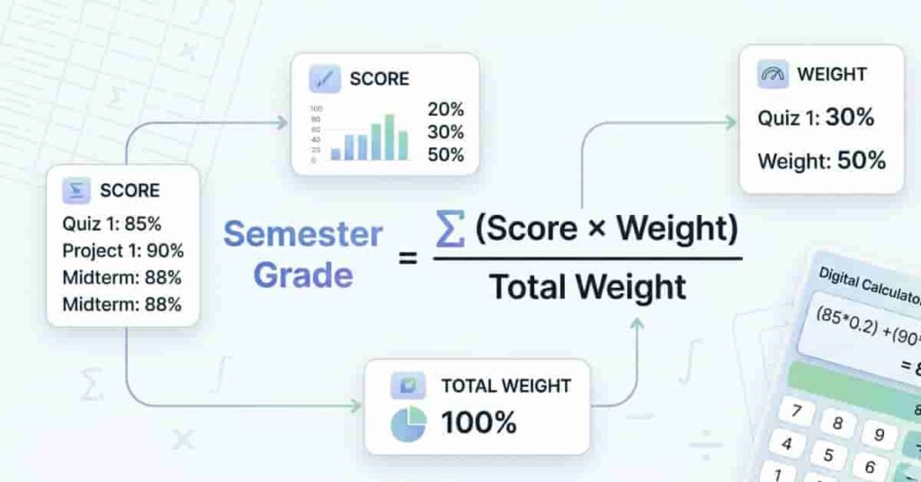 Visual explanation of semester grade formula using weighted average calculation