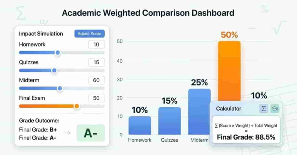 Visual showing how final exam impacts semester grade using weighted grading system