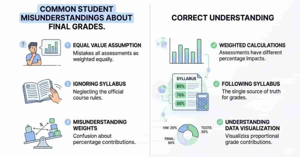 Comparison infographic showing common student mistakes and correct understanding of final grade calculation.
