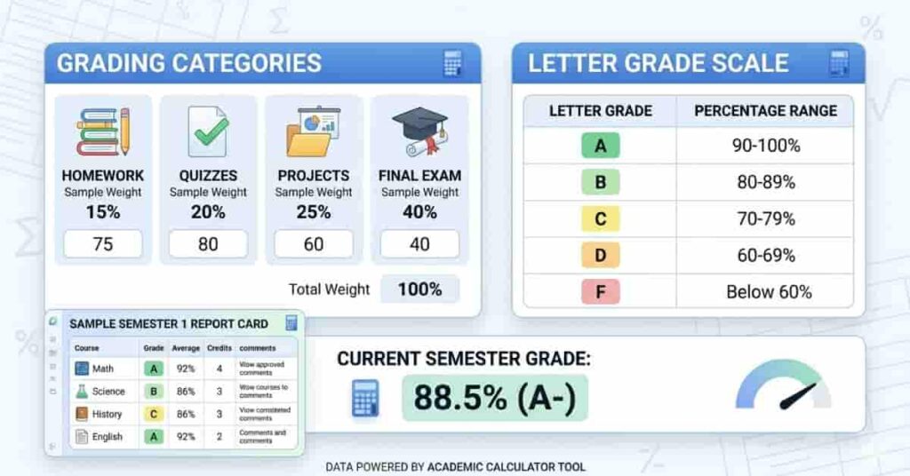 Visual explanation of how U.S. schools calculate semester grades with letter grade scale