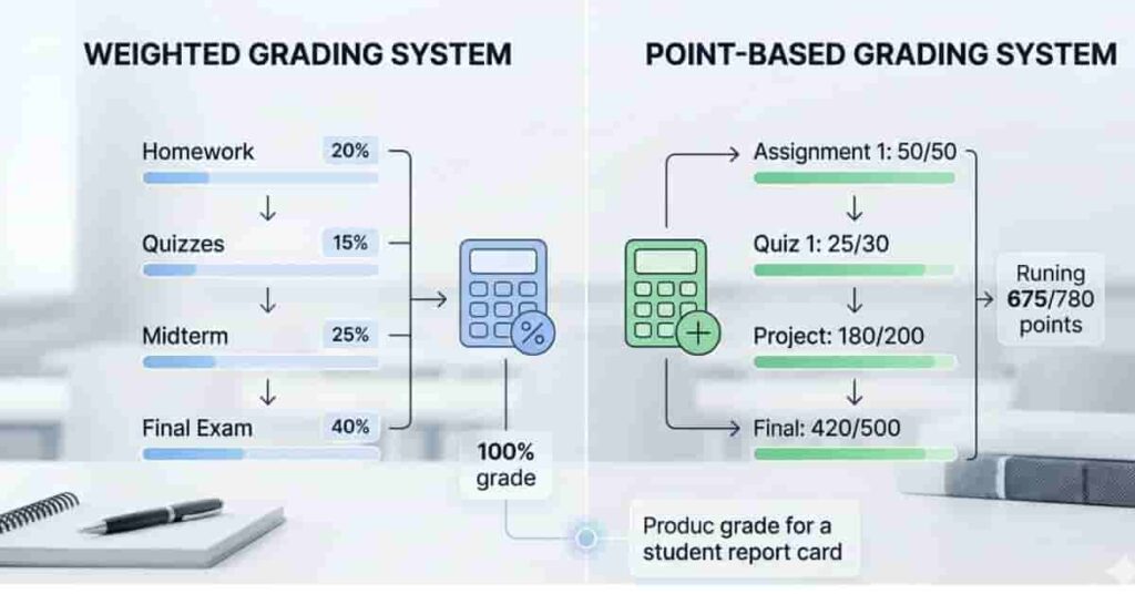 Comparison of weighted and point-based grading systems used in schools and colleges.