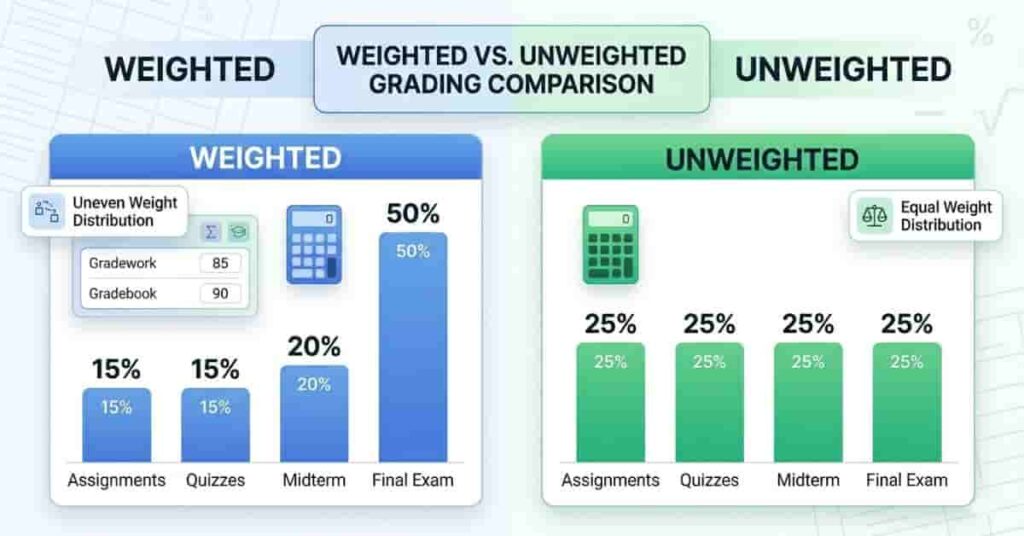 Comparison chart showing weighted vs unweighted semester grading systems