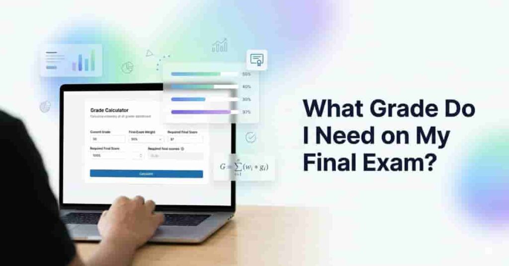 Student using online final exam grade calculator on laptop showing required score and academic progress dashboard