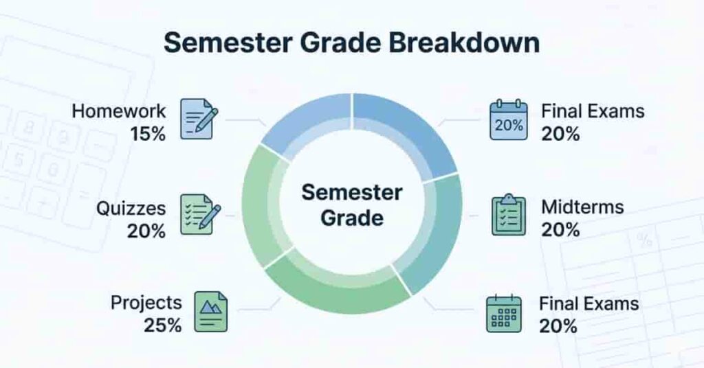 Infographic explaining what a semester grade is with weighted academic categories like homework, quizzes, and exams