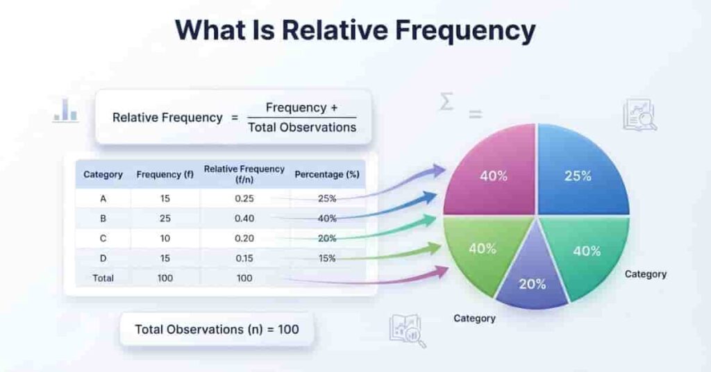 Educational infographic explaining what relative frequency is using a frequency table, pie chart, and simple statistical formula.
