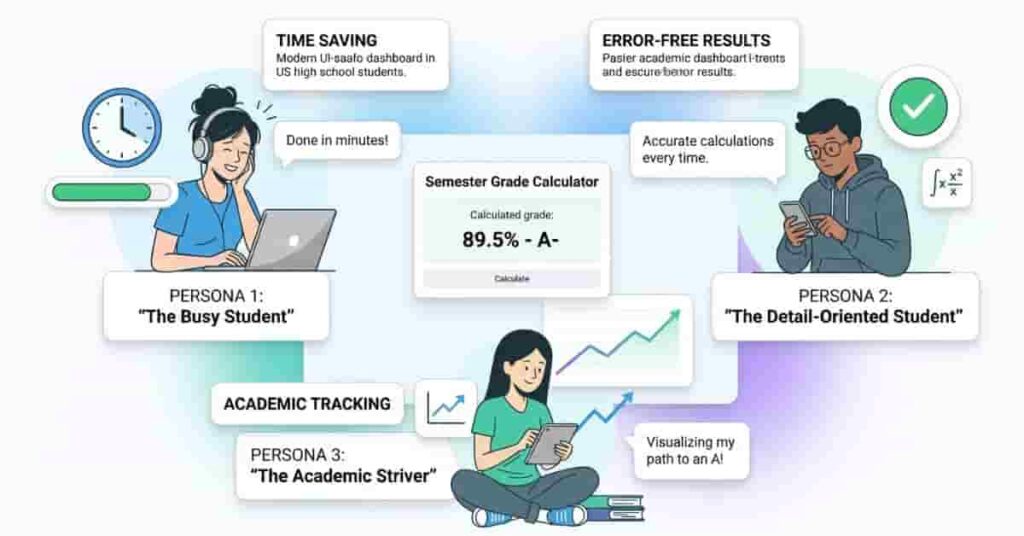 Infographic showing benefits of semester grade calculator for high school students including speed, accuracy, and progress tracking