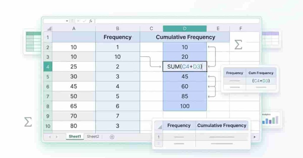 Excel worksheet demonstrating the SUM formula method for calculating cumulative frequency.