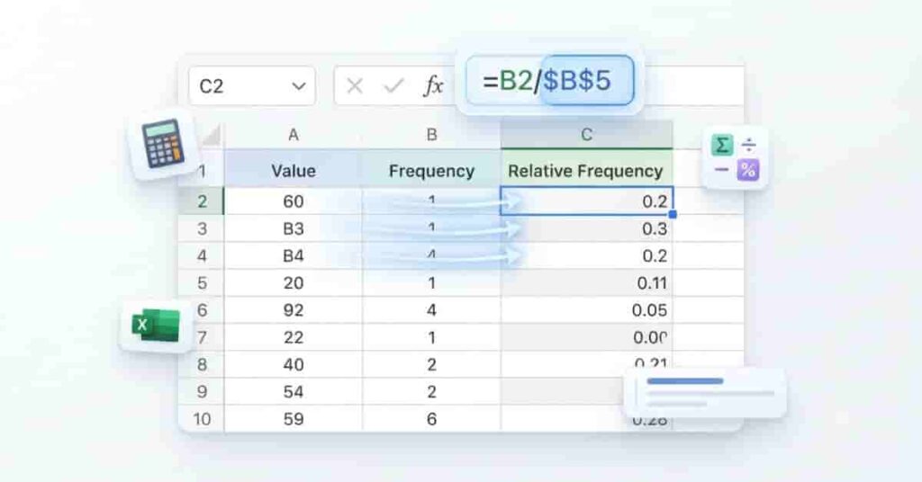 Excel formula example showing how to calculate relative frequency using frequency divided by total observations.