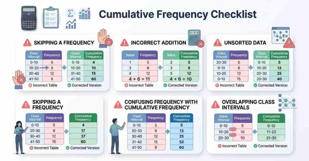 Infographic showing common mistakes when calculating cumulative frequency and how to avoid them.