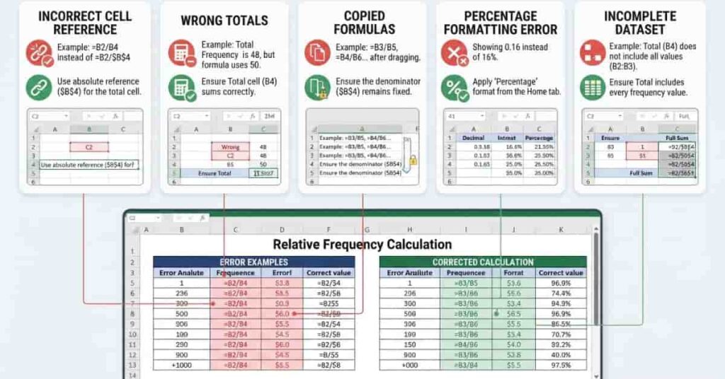 Common Excel mistakes when calculating relative frequency and how to avoid them.