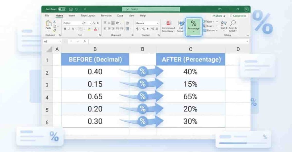 Excel percentage formatting converting relative frequency decimals into percentages.