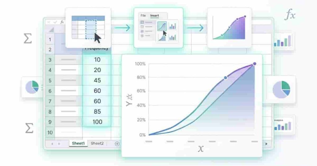 Excel cumulative frequency table showing intervals, frequencies, cumulative frequencies, and cumulative relative frequencies.