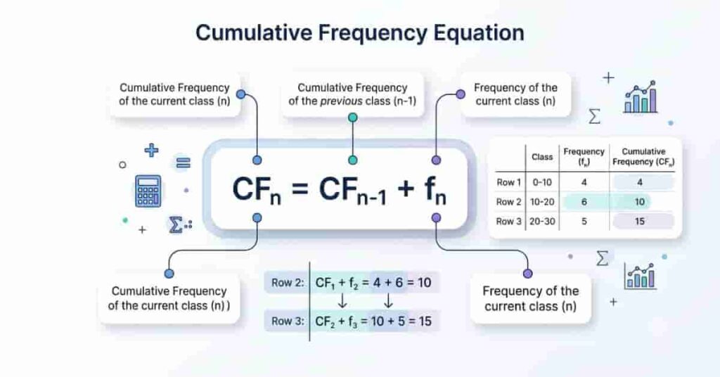 Cumulative frequency formula infographic explaining variables with a worked example.