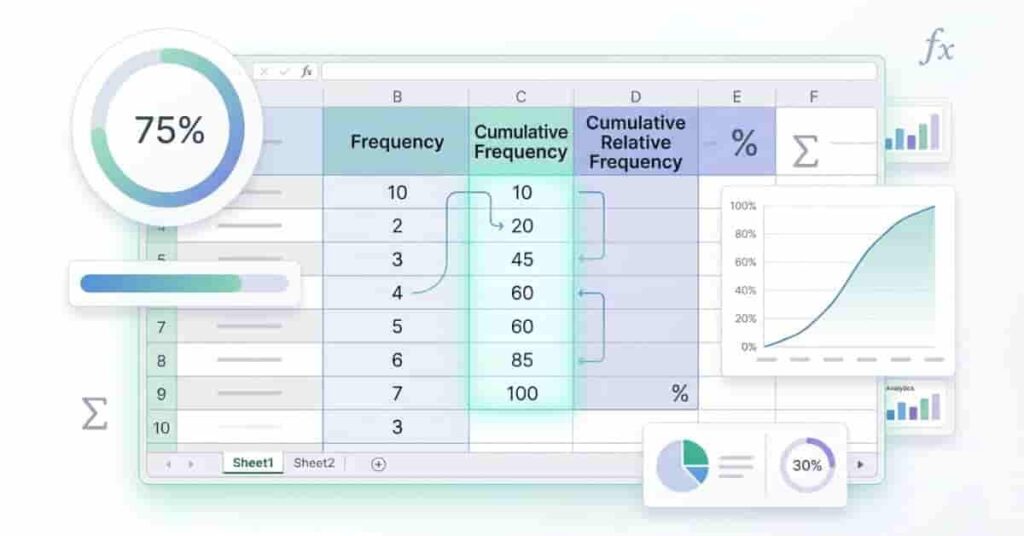 Excel example showing cumulative relative frequency percentages with spreadsheet and chart visualization.