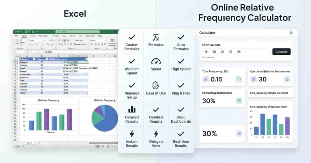 Comparison between Excel and an online relative frequency calculator for faster data analysis.
