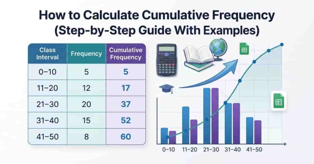 Grouped data cumulative frequency table with intervals and running total example.