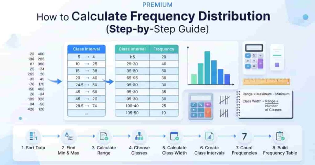 How to calculate frequency distribution step by step using raw data, intervals, frequency tables, formulas, and charts.