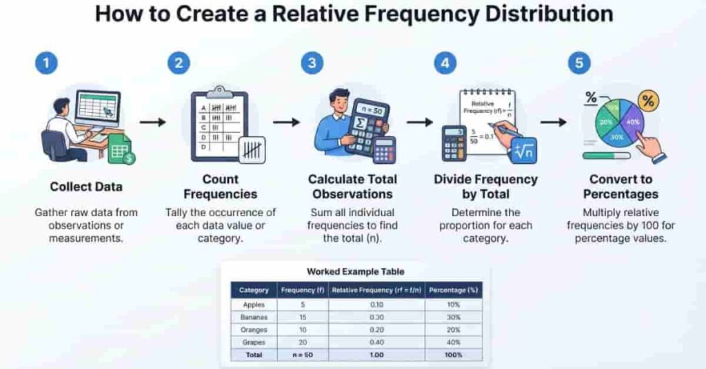 Step-by-step infographic showing how to create a relative frequency distribution.