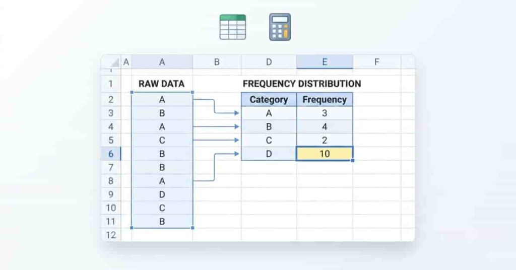 Excel worksheet showing how to organize raw data, frequency table, and total observations for relative frequency calculations.