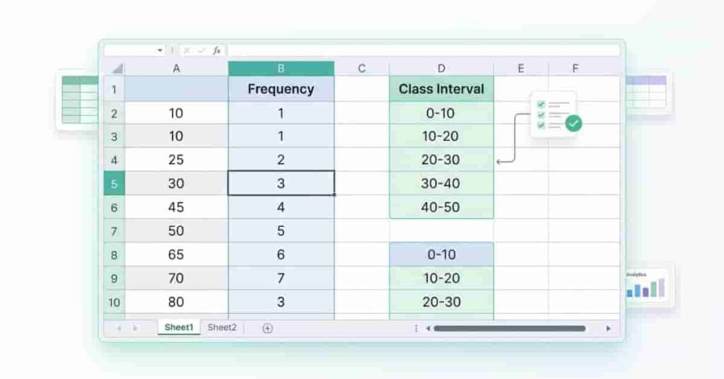 Well-organized Excel worksheet showing raw data, frequency table, and intervals for cumulative frequency calculations.