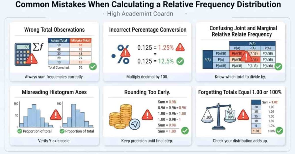 Common mistakes when creating a relative frequency distribution and how to avoid calculation errors.