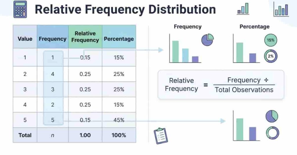 Relative frequency distribution infographic explaining frequency, percentages, and calculation formula.