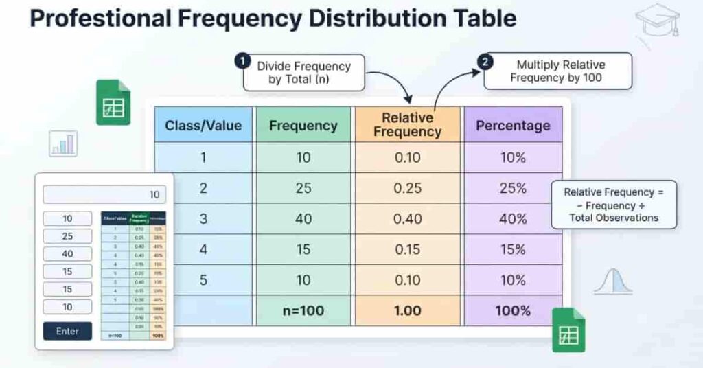Relative frequency distribution table showing frequency, relative frequency, and percentage columns.