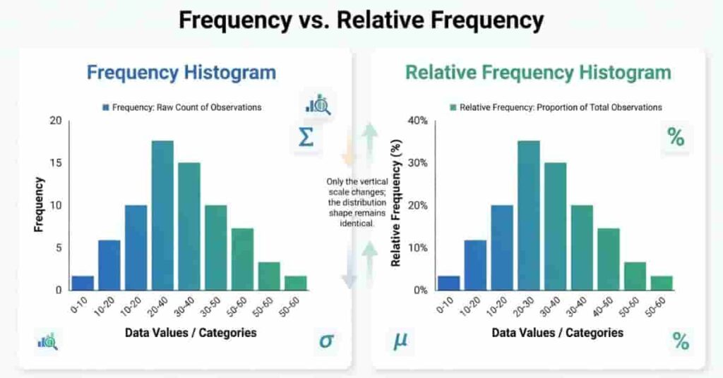 Comparison of a frequency histogram and a relative frequency histogram using the same dataset.