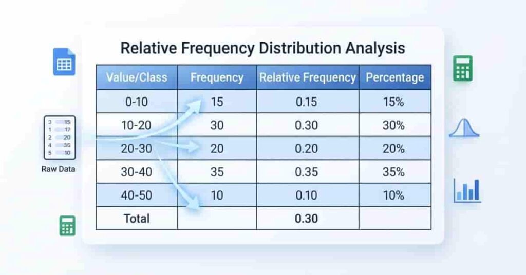 Professional relative frequency table in Excel showing frequency, relative frequency, and percentage columns.