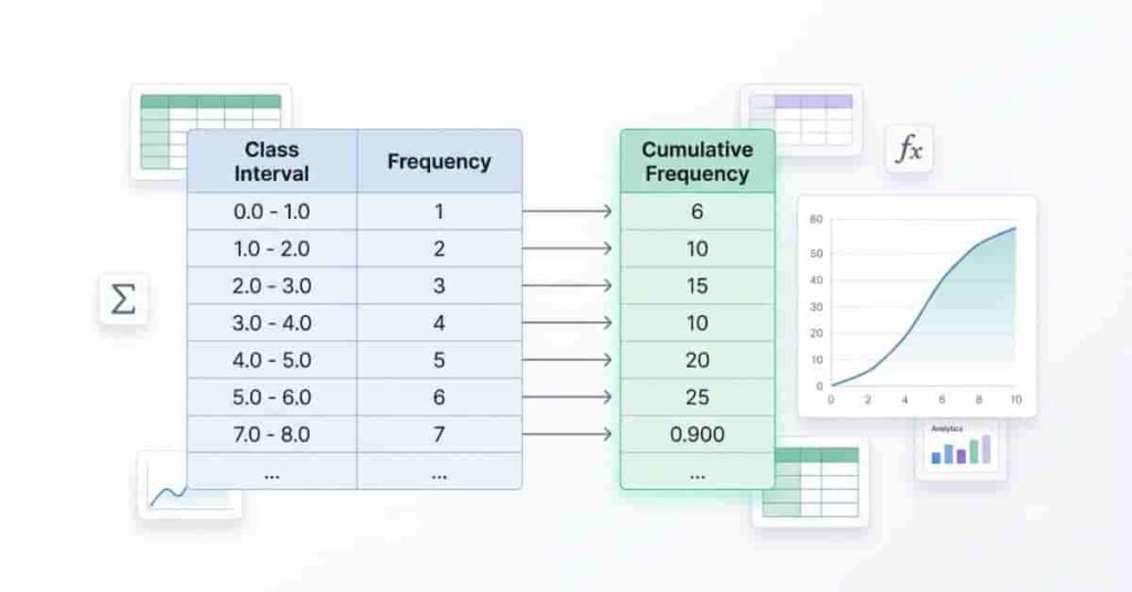 Educational infographic explaining cumulative frequency using a frequency table, running totals, and an ogive chart.