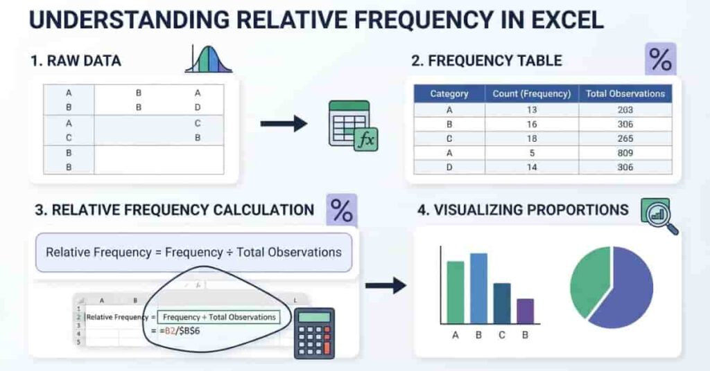 Educational infographic explaining relative frequency in Excel with formula, frequency table, and percentage visualization.