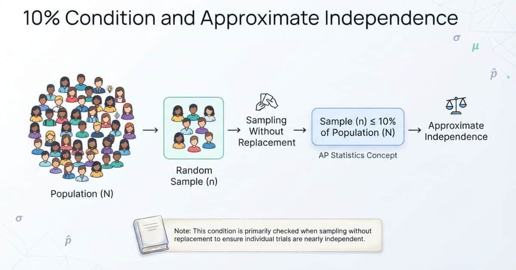 10% condition in AP Stats showing sampling without replacement and approximate independence