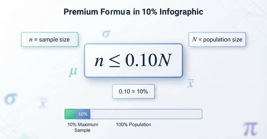 10% condition formula n less than or equal to 0.10N with sample and population labels
