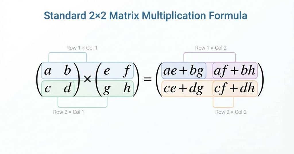 2×2 matrix multiplication formula showing the row by column calculation