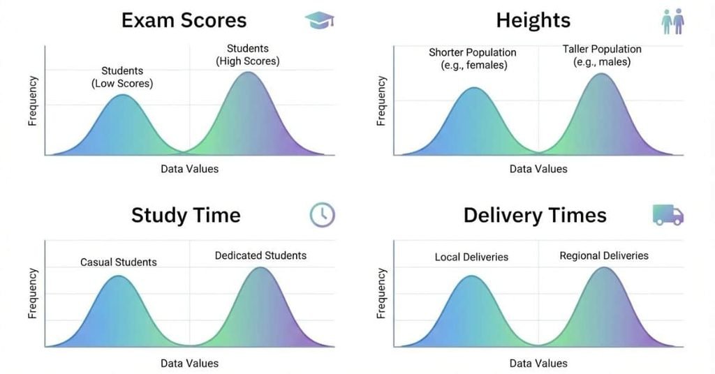 Examples of bimodal data using exam scores, heights, study time, and delivery times