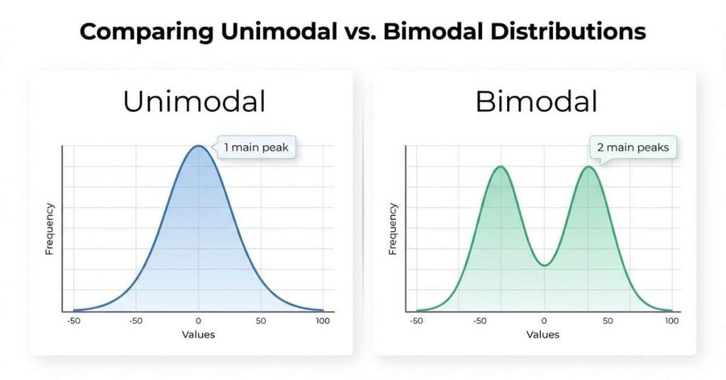 Bimodal distribution vs unimodal comparison showing one peak and two peaks